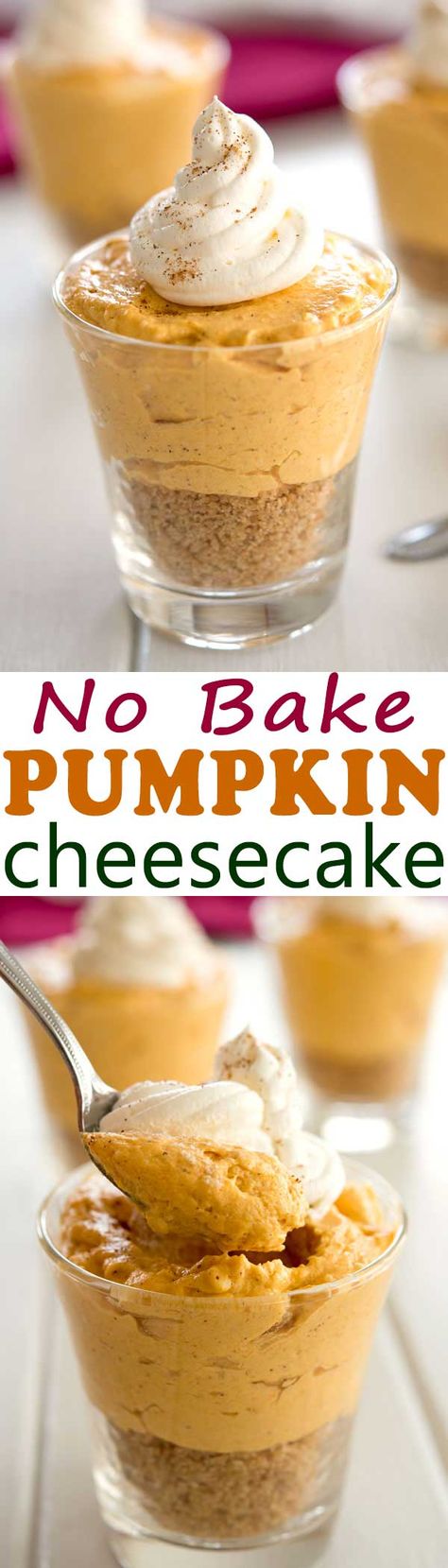 No Bake Pumpkin Cheesecake in 15 minutes! | Kitchen Gidget Pumpkin Pie Mini, No Bake Cheesecakes, Mini No Bake Cheesecake, No Bake Pumpkin, Mason Jar Desserts, No Bake Pumpkin Cheesecake, Pumpkin Pie Cheesecake, Mini Cheesecake Recipes, Pie Cheesecake