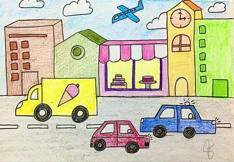 Simple and fun drawing for kids City Life Drawing, City Drawing Easy, Basic Drawing For Kids, Scenery Drawing For Kids, Cityscape Drawing, Bird Paintings On Canvas, Children Sketch, City Drawing, Easy Drawings For Kids