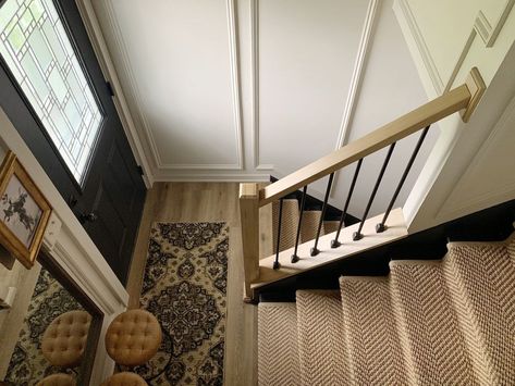 Stair Railing Replacement, Split Level Entry Remodel Entryway Stair Railing, Split Level Bannister Ideas, Stair Railing Upgrade, Split Level Stairwell Ideas, Wrought Iron Spindles On Stairs, Small Stair Railing Ideas, Stair Baluster Ideas, Split Foyer Remodel