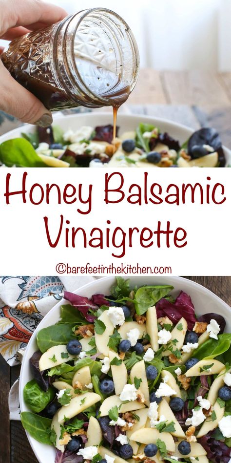 Honey Balsamic Vinaigrette Sweet Salad Dressings, Honey Balsamic Dressing, Honey Balsamic Vinaigrette, Balsamic Vinaigrette Recipe, Apple Walnut Salad, Honey Balsamic, Salad Dressing Recipes Homemade, Spinach Strawberry Salad, Walnut Salad