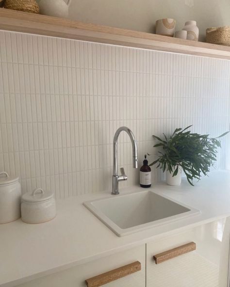 Kit Kat Tiles Laundry, Kitchen Kit Kat Tiles, Kit Kat Tiles Kitchen Splashback, Kit Kat Tiles Kitchen, White Tile With White Grout, Kit Kat Tiles Bathroom, Laundry Splashback Tiles, Cupboard Colours, Laundry Splashback