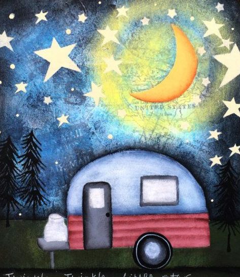 Camping camper at night painted rock idea Vintage Camper Art, Camper Art, Wine And Canvas, Camping Camper, Painting Canvases, Painted Rocks Craft, Canvas Painting Diy, Rock Painting Designs, Night Painting