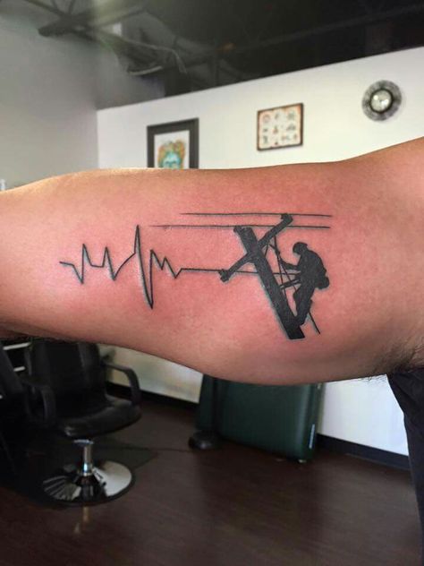 Lineman Electrical Tattoo Ideas, Power Lineman Tattoo, Lineman Tattoos Wife, Lineman Tattoos For Men, Electric Tattoo Ideas, Electrician Tattoo Ideas, Electrician Tattoo, Lineman Electrician, Lineman Silhouette