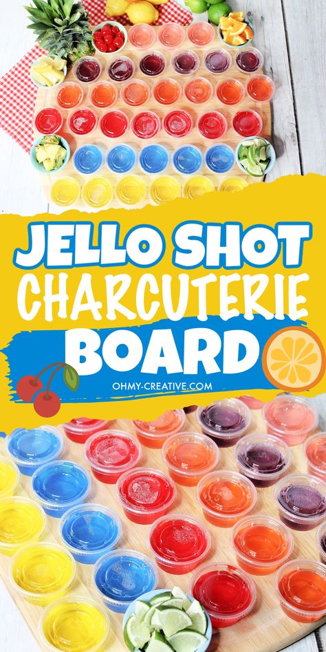 Create the ultimate party drink board with this Jello Shot Charcuterie Boards!  Experience a burst of flavors with a variety of fruity jello shots paired with variety of garnishes. Impress guests when they arrive with this clever party tray. Enjoy a selection of vodka jello shot recipes perfect for any occasion! #JelloShots #CharcuterieBoard #PartyIdeas Jello Shots Display Party Ideas, Cocktail Charcuterie Board Ideas, Jell-o Shot Charcuterie Board, Shots Charcuterie Board, Shot Board Ideas, Jello Shot Charcuterie Board, Shot Charcuterie Board Ideas, Shot Charcuterie Board, Shot Cuterie Board Ideas