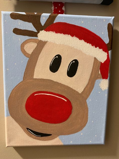 What To Paint Christmas, Christmas Paintings Beginner, Christmas Cow Painting Canvas, Rudolph Painting Canvas, Small Canvas Simple Paintings, Christmas Paints Ideas, Painting Ideas Christmas Canvas, Valentines Canvas Painting Ideas Easy, Easy Christmas Canvas Art