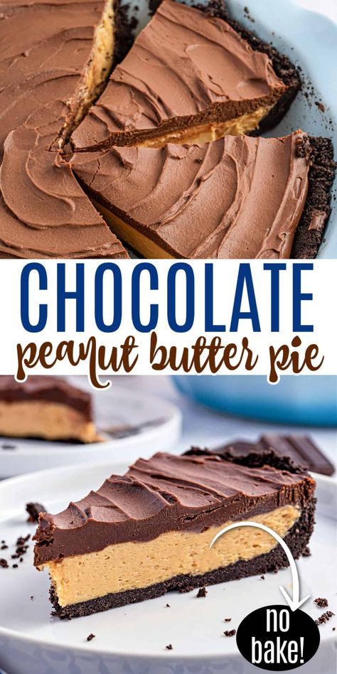 Chocolate Peanut Butter Pie is an easy dessert recipe that combines two decadent flavors. Oreo cookie crust gets topped with a creamy peanut butter filling and chocolate ganache for the perfect no-bake pie! Oreo Cookie Crust, Chocolate Peanut Butter Pie, Easy Dessert Recipe, Lost 100 Pounds, Peanut Butter Desserts, Peanut Butter Filling, Peanut Butter Pie, Butter Pie, Chocolate Pies