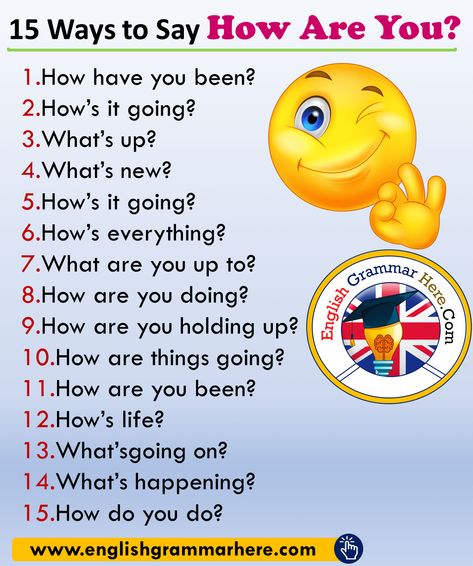 Different Ways to Say How Are You? in English 1.How have you been? 2.How’s it going? 3.What’s up? 4.What’s new? 5.How’s it going? 6.How’s everything? 7.What are you up to? 8.How are you doing? 9.How are you holding up? 10.How are things going? 11.How are you been? 12.How’s life? 13.What’sgoing on? 14.What’s happening? 15.How do... How Are You In Different Ways, Different Ways To Say How Are You, How Are You Synonyms, How To Say How Are You, How Have You Been, Ways To Say How Are You, How Are You Doing, How Are You, Schul Survival Kits