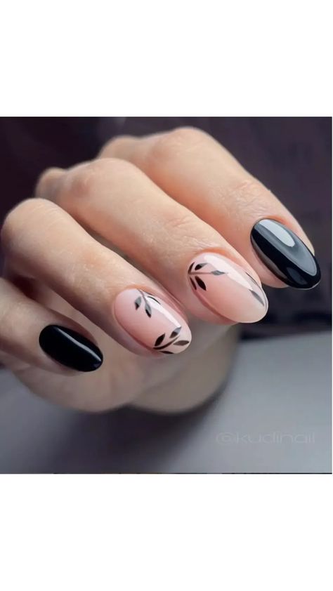 Elevate your style with the luxurious combination of black and gold nail designs! 🖤💰 #BlackGold #LuxuryNails #NailArt Round Nails Black Design, Matte Black Floral Nails, Classic Black Nails Ideas, Black Nails Pink Flowers, Dark Nails With Design, Matte Black And Gold Nails, Black And Gold Short Nails, Nude And Black Nail Designs, Black White Gold Nails