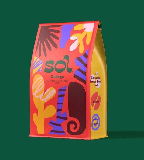 #Sol coffee packaging bag #coffeepackaging #packagedesign #labeldesign #productlabel #coffeelabel #coffeebagdesign #teabagdesign #tealabel #teabag #teaboxdesign #longbag #packagingdesign #coffeeproduct #labelpackaging #luxurycoffeebag #premiumcoffeebagdesign #luxurycoffeelabel #minimalistcoffeepackaging Patterned Packaging Design, Different Packaging Ideas, Cool Coffee Packaging, Vibrant Packaging Design, Tropical Packaging Design, Organic Package Design, Funky Packaging Design, Modern Package Design, Tropical Branding Design