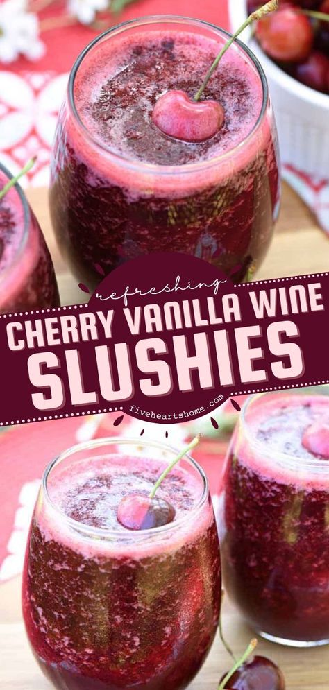 Cherry Vanilla Wine Slushies, summer cocktails, alcoholic drinks Aperitif, Wine Slushie Recipe, Wine Slushies, Fruity Wine, Slushie Recipe, Wine Slushie, Cherry Vanilla, Jello Shot, Yummy Alcoholic Drinks