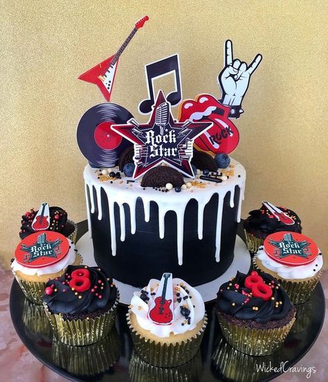 80s Rock Birthday Cake, Rock And Roll Themed Cake, Rock Themed Cake, Born To Rock Birthday Cake, Rock And Roll 1st Birthday Cake, Rockstar Cake Ideas, Rock N Roll Cake Birthday, Rock And Roll First Birthday Cake, Born To Rock Cake