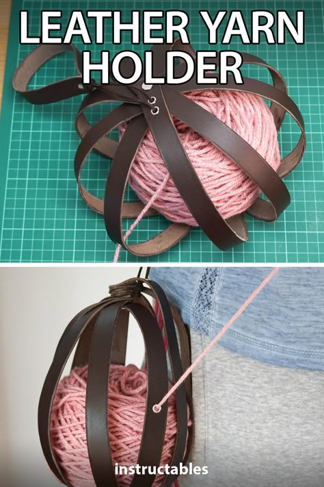 FernMakes shares how to make a leather yarn holder or portable knitting / crochet helper using leather strips. #Instructables #leatherworking #crafts #knitting #crochet Leather Diy Gifts For Men, Leatherworking Projects Ideas, Small Leather Projects Diy, No Sew Leather Projects, Leather Work Projects, Beginner Leather Projects, Simple Leather Projects, Easy Leather Projects, Leather Diy Projects