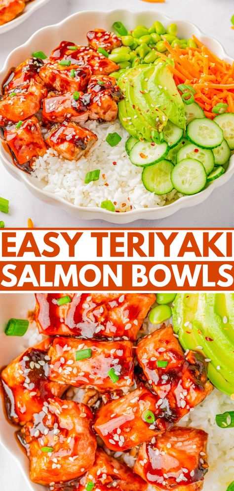 Easy Teriyaki Salmon Bowls — 🍣🍚🥑🥕Flaky pieces of salmon are coated in a SIMPLE yet FLAVORFUL homemade teriyaki sauce and served over a bed of rice! The bowls are loaded with carrots, cucumber, avocado, and edamame and then drizzled with EVEN MORE teriyaki sauce! Salmon bowls are the perfect meal-in-one with protein, carbs, and vegetables served altogether! Asian Recipes Salmon, Spicy Salmon Teriyaki Bowl, Teriyaki Salmon Poke Bowl, Salmon Easy Recipe Simple, Teriyaki Salmon Bowl Recipe, Salmon Bowls Recipes, Easy Salmon Bowl Recipes, Salmon Bowl Ideas, Salmon Bowl Air Fryer