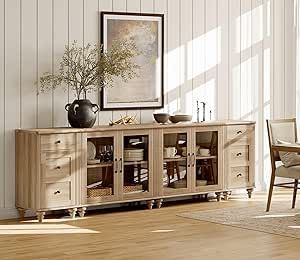 The 4-in-1 large buffet table can be used separately as two glass cabinets and two end tables. In addition to kitchen buffet cabinet, it can be used as entertainment center, console table, etc. Dimension of Glass Cabinet: 33.9"×15.7"×30.9"(L×W×H). Dimension of Side Table: 16.5"×15.7"×30.9"(L×W×H). They are sent separately in three packages, so you may receive them at different times. Coffee Bar Tables, Modern Farmhouse Sideboard, Tv Stand With Glass Doors, Kitchen Buffet Cabinet, Writing Room, Farmhouse Sideboard, Dining Ideas, Wood Tv Cabinet, Wide Sideboard