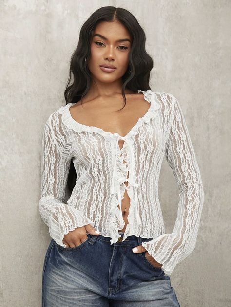 Ladies' Summer Sweet Dating See-Through Lace Tie-Front Top White Casual  Long Sleeve Knitted Fabric Plain  Slight Stretch  Women Clothing, size features are:Bust: ,Length: ,Sleeve Length: White Lace Top Outfit, Lace Cardigan Outfit, Top Transparente, Haut Transparent, Lace Clothes, Lace Tie, Fashion Closet, Front Tie Top, White Casual