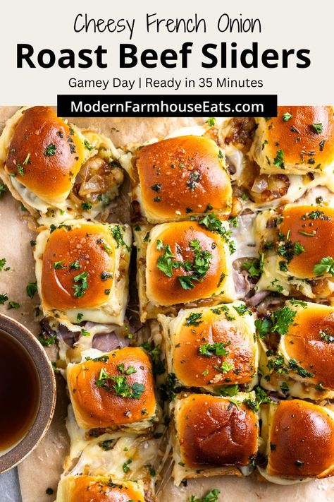 My absolute favorite sliders! French Onion Roast Beef Sliders are the ultimate party food and always a crowd-pleaser. Hawaiian sweet rolls are topped with deli roast beef, provolone cheese, caramelized onions, and my secret ingredient French onion sour cream, adding so much flavor!! Brush with garlic butter, bake until warm and melty, and serve with an easy homemade au jus! French Onion Roast, Philly Cheesesteak Sliders Recipe, Slow Cook Roast, Philly Cheesesteak Sliders, French Dip Sliders, Roast Beef Sliders, Cheesesteak Sliders, Cooking Roast Beef, Beef Sliders