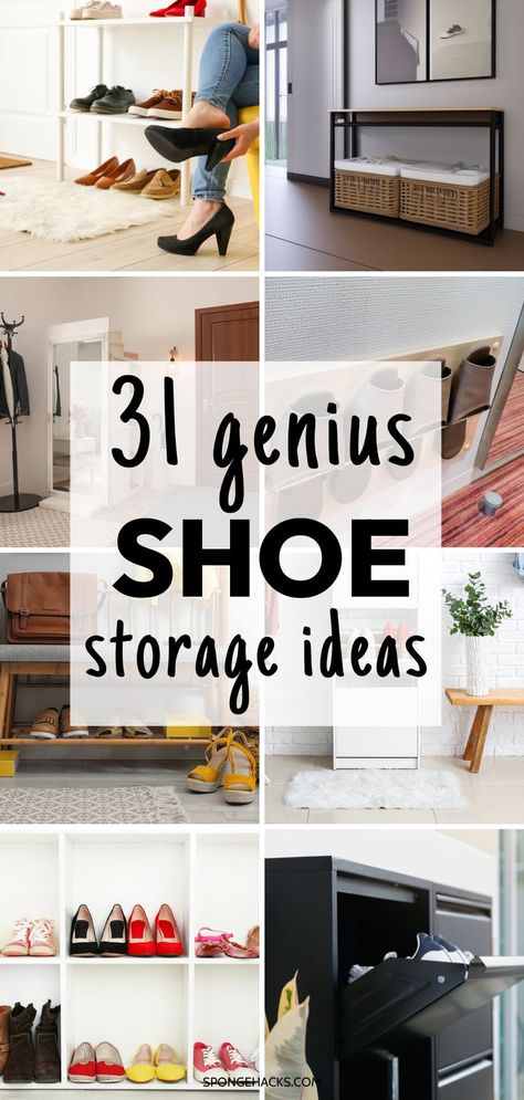 Shoe Storage No Closet, Organizing Shoes In Small Closet Storage, Shoe Storage For Guests, Functional Shoe Storage, Small Apartment Shoe Storage Entry Ways, Shoe Storage Ideas Mud Room, Cute Shoe Storage Ideas Entry Ways, Shoe Storage Ideas Living Room, Creative Shoe Storage Closet