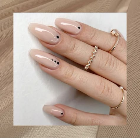 •Nude nails with black dots details• Black Tip Nails With Dot, Acrylic Nail Designs Dots, Black Dot Manicure, Three Dots Nails, Tan Nails With Black Design, Black Detailed Nails, Black Nails With Dots, Nails With 3 Dots, Tan And Black Nails Design