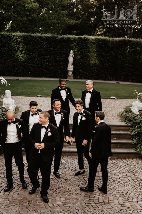 Experience the unforgettable, anywhere! Check out our website and start organizing your dream wedding! No details are ever left behind. Not even the smallest details on your groom's suit ! @bonoeventsinternational #groom #blacksuit #bestman Navy Suit Aesthetic, Black Suit And Tie Groomsmen, Bride With The Groomsmen, Grooms Men Black Suits, Black Groomsman Suit, Groomsmen Tuxedo Wedding, Men’s Black Suits For Wedding, Groom Party Attire, Groom Wedding Aesthetic