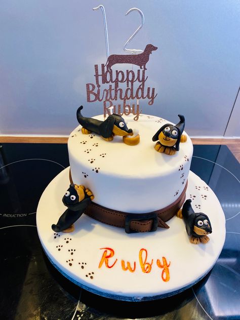 Sausage Dog Birthday Cake, Daschund Cakes, Dachshund Birthday Cake, Sausage Dog Cake, Dog Lover Cake, Dachshund Cake, Childrens Party Food, Puppy Birthday Cakes, Ruby Cake