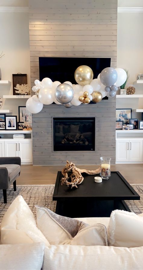 Living Room Balloon Garland, Balloon Arch Mantle, Balloon Arch On Mantle, Balloon Arch Fireplace Mantle, Balloon Garland On Fireplace Mantle, Balloon Garland Fireplace Mantle, Balloons On Fireplace, House Warming Balloon Garland, Balloon Garland On Mantle