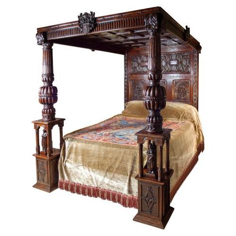 Tester Four Poster Bed Oak Renaissance Style Carved Adam Eve Armorials Tapestry Lucy Johnson Medieval Living Room, Fantasy Bed, Unique Bed Frames, Beds Frames, Bed Aesthetic, Carved Beds, 4 Poster Beds, Velvet Bedspread, Unique Bed