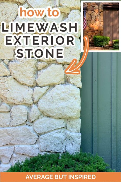 You will not believe how easy it is to do a DIY limewash exterior stone makeover! Change the color of your rock or stone with this environmentally-friendly product. It's totally DIY friendly! This blogger limewashed her exterior stone facade in one day. #limewashexterior #limewashrock #limewashdiy #limewashstone #whitewashstone #paintstone Stone Exterior Makeover, Limewash Stone Exterior, Limewash Stone, Rock House Exterior, Limewash Exterior, Rock And Stone, Stone Exterior Houses, Exterior House Colors With Stone, Stone Exterior