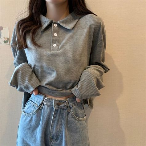 Oolun - Long-Sleeve Plain Polo Shirt Polo T Shirts Women, Korean Preppy Style, Korean Preppy, Preppy Mode, Plain Polo Shirts, Polo Shirt Outfits, Color Tops, Loose Tees, Retro Tee