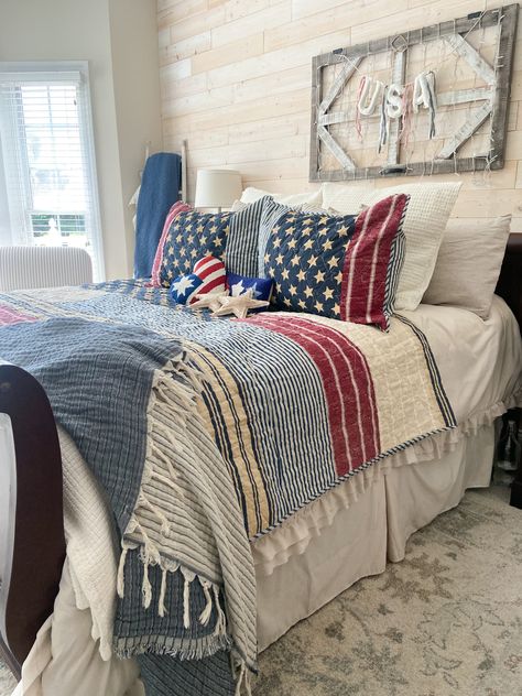 Our favorite summer holiday is just around the corner and our TORN AND TATTERED collection will have you ready to celebrate in farmhouse style! This AMERICANA FARMHOUSE QUILT SET is perfect to complete your patriotic look. ⁠ ⁠⁠ 📷️: @heartofwendy⁠ ⁠ ⁠ #myafh #antiquefarmhouse #farmhouse #merica #redwhiteandblue #4thofjuly #sweetsummertime #bedroomdecor #bedroom #bedding #quilt #pillows #interiordesigner #home #interiordesign #kidsroom #homeinspo #interiordecor #decor #homestyling #interior Red White And Blue Room Ideas Bedrooms, Americana Home Decor Interior Design, Red White And Blue Home Decor, Boys Americana Bedroom, Patriotic Room Ideas, Vintage Americana Bedroom, Red White Blue Bedroom, Americana Bedroom Ideas, Americana Bedding