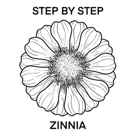 Zinnia Drawing Tutorial, How To Draw Zinnia Flowers, Zinnia Drawing Simple, Drawing Zinnias, Zinnia Flowers Drawing, Zinnia Drawing, Flower Studies, Water Paints, Garden With Flowers