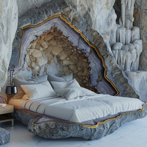 Imagine a bedroom transformed into a serene sanctuary, where the focal point is a bed reminiscent of a geode. The headboard, crafted from smooth, polished amethyst, shimmers with hues of lavender, deep purple, and hints of crystalline whites. The bedframe itself mirrors the rugged yet elegant exterior of a geode, with textured layers of wood and stone, intricately carved to emulate the natural formation of crystals. Soft, iridescent bedding in shades of mauve and silver complements the geode-... House Entrance Exterior, Exterior Steps, Oyster Bed, Shades Of Mauve, Zen Living, Conversation Pit, Sunken Living Room, Textured Layers, Crystal Cave