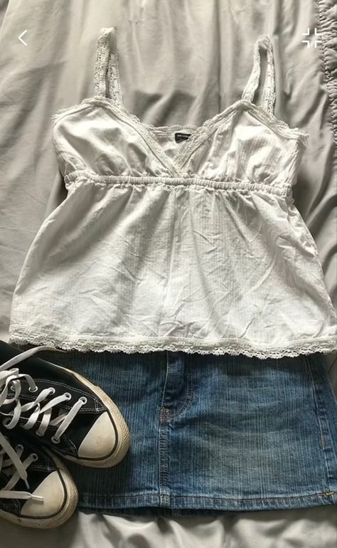 Edith Tank Brandy, Malia Denim Skirt Brandy, Brandy Melville Mini Skirt, Brandy Melville Edith Tank, Brandy Melville Denim Skirt, White Skirt Mini, Brandy Outfits Aesthetic, Edith Lace Tank, Skirt Lace Outfit