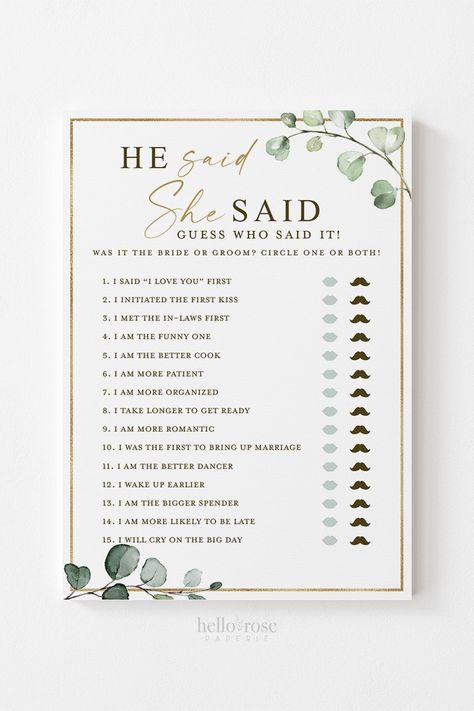 Bride This Or That Game, He Said She Said Bachelorette Party Game, Who Said It Bridal Shower Game, Bridal Shower This Or That, Bridal Shower Games Templates, Green Gold And White Bridal Shower Ideas, Bridal Shower Game Printables, Bridal Shower He Said She Said, Bridal Shower Game Cards