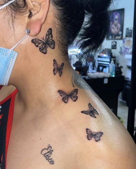 Shoulder Henna, Butterfly Neck Tattoo, Unique Butterfly Tattoos, Behind Ear Tattoos, Girl Neck Tattoos, Side Neck Tattoo, Hand Tattoos For Girls, Cute Hand Tattoos, Pretty Hand Tattoos