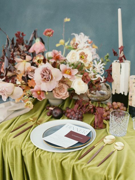 Opulent | Lucy Struve for Marchesa Fashion | Lucy Struve Green Table Cloth, Marchesa Fashion, Sweetheart Table Wedding, Flower Fruit, Thanksgiving Blessings, Wedding Table Linens, Ikebana Arrangements, Wedding Social, Green Table