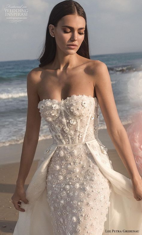 lee petra grebenau fall 2019 bridal strapless sweetheart neckline bustier full embellishment romantic a  line wedding dress overskirt mid back chapel train (3) zv -- Lee Petra Grebenau 2019 Wedding Dresses | Wedding Inspirasi #wedding #weddings #bridal #weddingdress #weddingdresses #bride #fashion  ~ Romantic A Line Wedding Dress, Wedding Dress Overskirt, Lee Grebenau, Lee Petra Grebenau, Making A Wedding Dress, Berta Wedding Dress, A Line Wedding Dress, Chapel Train, Luxury Bridal