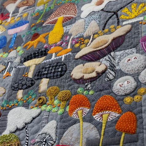 Home | Sue Spargo Folk Art Quilts Sue Spargo Patterns, Sue Spargo Tutorials Wool Applique, Applique Quilts Patterns, Mushroom Quilts, Folk Art Applique, Forest Exploring, Mushroom Quilt, Embroidered Mushrooms, Folk Art Quilts