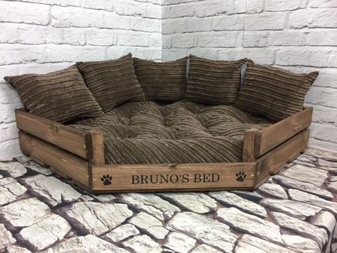 [PaidLink] Perfect For Your Pampered Pets, These Rustic Wooden Corner Dog Beds With Brown Cord Mattress And Cushions Will Look Great In Any Room And Save Floor Space. These Strong Solid Rustic Wood Beds Are Finished In Oak, And Have Slip Proof Feet. They Come With A Soft Mattress And 5 Scatter Cushions. Made From A Premium Grade Upholstery Fabric, Backed With A Hard Wearing Fabric That Is Filled With A Soft Hollow Fiber Filling,Making Them Super Comfy #diypalletdogbedsforlargedogs Corner Dog Bed, Wood Dog Bed, Pallet Dog Beds, Dog Bedroom, Puppy Room, Diy Dog Bed, Dog Rooms, Wood Dog, Shar Pei