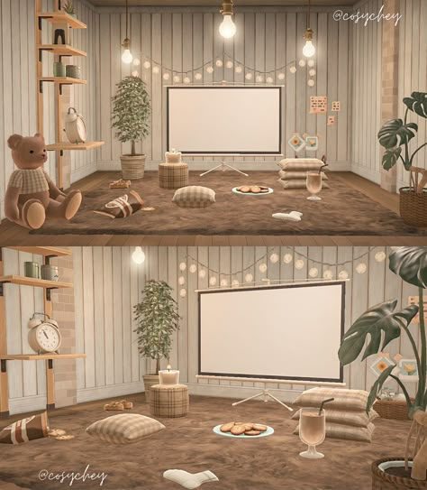 chey. 🍂 on Twitter: "a cosy movie room 📽🤎 #ACNH #AnimalCrossing #AnimalCrossingNewHorizions… " Acnh Room Design, Acnh Gaming Room, Acnh Living Rooms Ideas, Cottagecore Interior, Acnh Interior, Acnh House, Acnh Cottagecore, Happy Home Paradise, Animal Crossing Funny