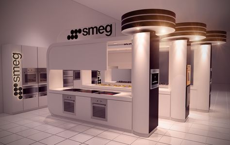 Smeg Display Kitchen HQ Showroom Perth. Design by Peter Carman Dakota Design 2013 Booth Kitchen, Store Plan, Display Kitchen, Home Appliance Store, Countertop Appliances, Showroom Display, Kitchen Showroom, Showroom Interior Design, Kitchen Stand