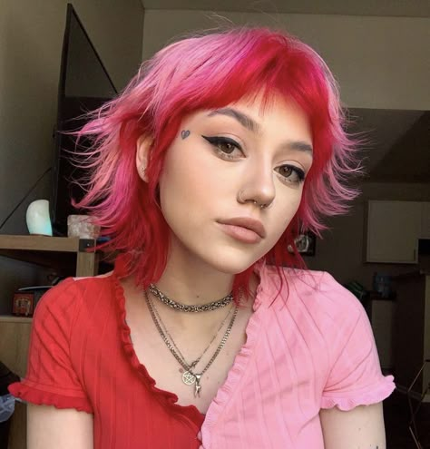 Pink Mullet Hairstyle Women, Double Dyed Hair, Pink Over Red Hair, Red Split Hair Dye, Red Pink Hair Short, Red To Pink Ombre Hair Short, Red Roots Pink Ends Hair, Hair Fashion Color Ideas, Rainbow Fringe Hair