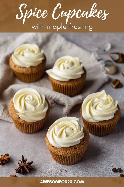 These Spice Cupcakes with Maple Frosting are perfectly sweet and so full of gorgeous Fall flavors. The tender spiced cake is topped with a gorgeous buttercream with a hint of maple syrup. These are most definitely awesome. #spicecupcakes #cupcakerecipe #fallbaking #dessertrecipe Celebrating Samhain, Spice Frosting, Spiced Cake, Maple Frosting, Spice Cake Recipes, Fall Cupcakes, Spiced Pecans, Spice Cake Mix, Spice Cupcakes