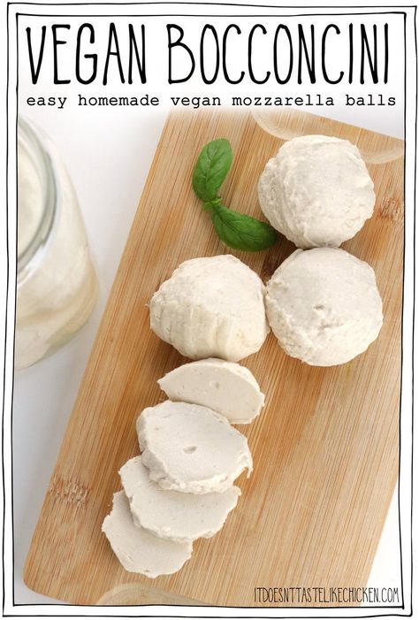 This Vegan Bocconcini recipe is deliciously creamy, has a subtle mozzarella flavor, and is easy to make! Slice these homemade mozzarella balls and serve them in a vegan Caprese salad, or enjoy them on pizza (they melt and brown beautifully), pasta, or with your favorite Italian appetizers. #itdoesnttastelikechicken #vegancheese Vegan Mozzarella Balls, Vegan Caprese, Homemade Mozzarella, Fresh Tomato Pasta, Amazing Salads, Mozzarella Balls, Vegan Bolognese, Caprese Salad Recipe, Vegan Food Ideas