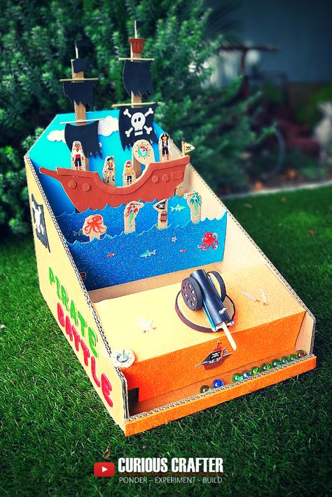 Cardboard Arcade Games Diy, Cardboard Arcade Games, Diy Arcade Games, Cardboard Games Diy, Cardboard Arcade, Diy Board Games, Pirate Battle, Shooting Games For Kids, Cardboard Games