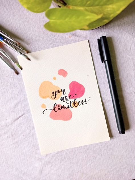 Acrylic painting and brushpen lettering Hand Lettering Quotes Simple, Sketch Pen Painting Ideas, Calligraphy Poster Ideas, Quotes On Painting Art, Brushpen Drawings Ideas, Simple Calligraphy Quotes, Brush Pens Drawing Ideas, Motivational Painting Ideas, Aesthetic Brush Pen Art