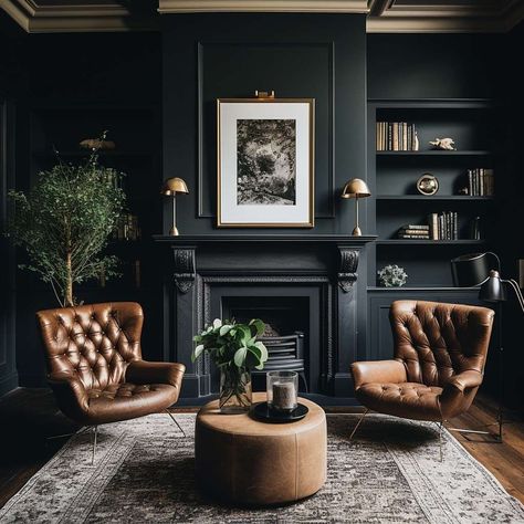 Parlor Bar Room Ideas, Dark Wall Interior, Modern Moody Apartment, Dark Wall In Living Room, Whiskey Room Paint Colors, Dark Moody Den, Dark Painted Basement, Dark Interior Walls, Adult Lounge Room Ideas