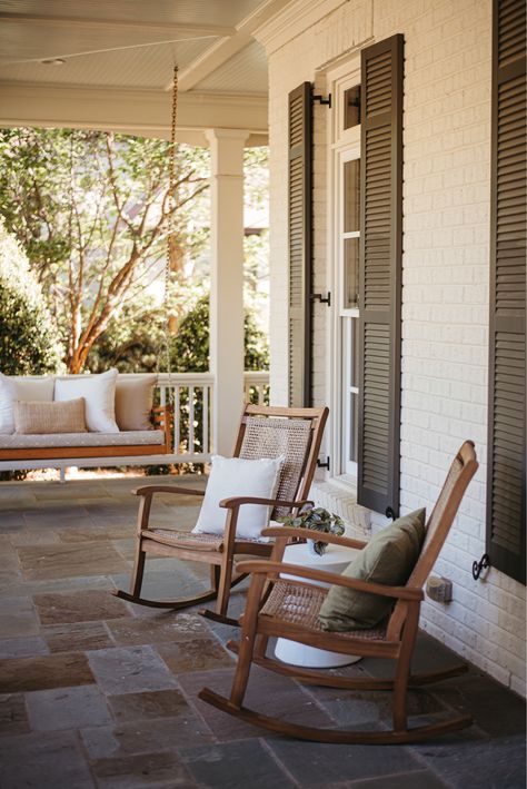 Front Patio Rocking Chairs, Front Porch Two Chairs, Outdoor Furniture For Front Porch, Wooden Rocking Chairs Front Porch, Craftsman Front Porch Furniture, Outside Rocking Chair, Front Porch Chairs Ideas Modern, Front Porch Cottage Style, Rocking Patio Chairs