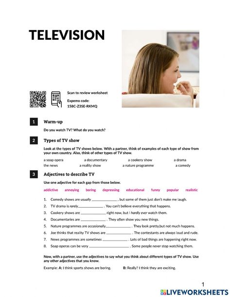 TV programmes and shows interactive worksheet for SEPTIMO PRIMARIA. You can do the exercises online or download the worksheet as pdf. Exercises While Watching Tv, Articles Worksheet For Class 4, A An The Articles Worksheets With Answer, Articles Worksheet With Answers, English Activity, The Worksheet, English As A Second Language (esl), English Activities, Television Program