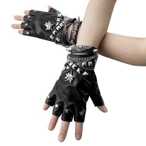 Rock Punk Hip Hop Leather Fingerless Gloves with Chain Bracelet for Women/Girls Gloves Material: Leather Color:Black and Red Quantity:One pair Size:One size HIGH QUALITY & FASTER We guarantee the quality for all item. We sell only unique and high-quality products. we sent your item within 24 hours. SHIPPING & PAYMENT SHIPPING: To US: Epacket 7-10 business days, To other country: china post air mail 12-25 days. All Parcel with a tracking number. You can check it online. The items will be shipped within 24 hours after confirm your payment. Note: You can make a extra payment for faster shipment. PAYENT : We accept PayPal  from overseas customers. REFUND: If you received a Defect item or the item lost in the mail. Please do contact us. A FULL REFUND will be issued to you with NO EXCUSE. RETURN Scenekid Outfits, Leather Gloves Aesthetic, Grunge Gloves, Fingerless Gloves Outfit, 90s Punk Fashion, Cool Gloves, Metal Gloves, Punk Gloves, Character Accessories