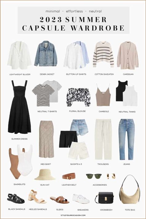 Looking for the perfect summer capsule wardrobe 2023? Here it is! This chic, minimal, neutral capsule wardrobe includes a full checklist and pieces to create the most effortless and stylish outfits for pretty much everyone - mom, over 40, plus size, etc. If you work from home or in a casual office setting this capsule is great for you too! Summer Work Outfits Office, Chic Capsule Wardrobe, Neutral Capsule Wardrobe, Minimalist Wardrobe Capsule, Capsule Wardrobe Checklist, Capsule Wardrobe Women, Spring Summer Capsule Wardrobe, Summer Outfits For Moms, Staple Wardrobe Pieces